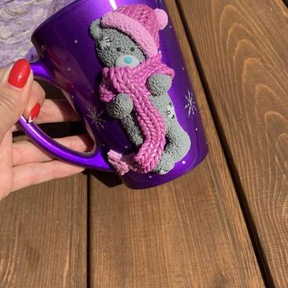 Purple glass mug with teddy bear, c..