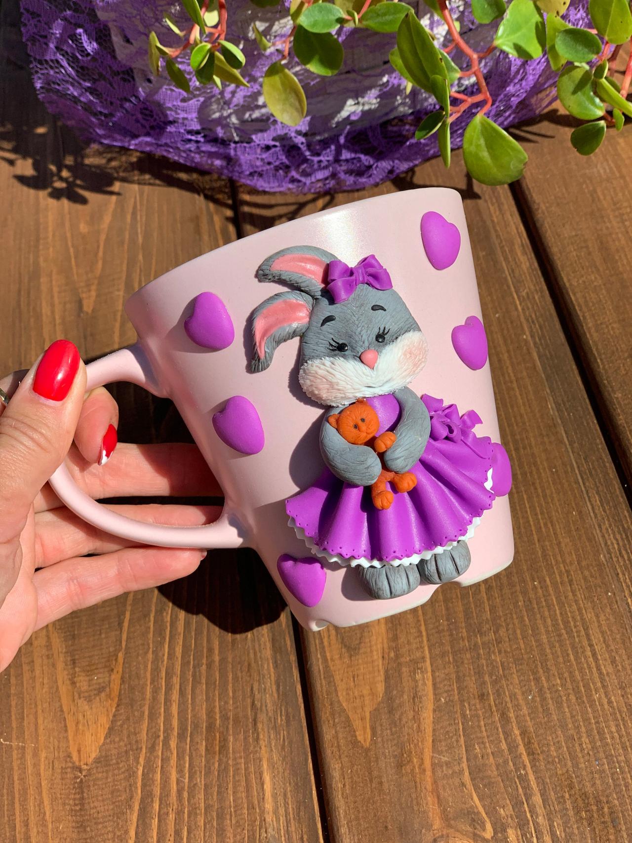 Girls mug, unigue gift, funny gift, cozy cup, Decorated mug, baby gift, Bunny Unique mug, Girl's tea cup, birthday mug decor.