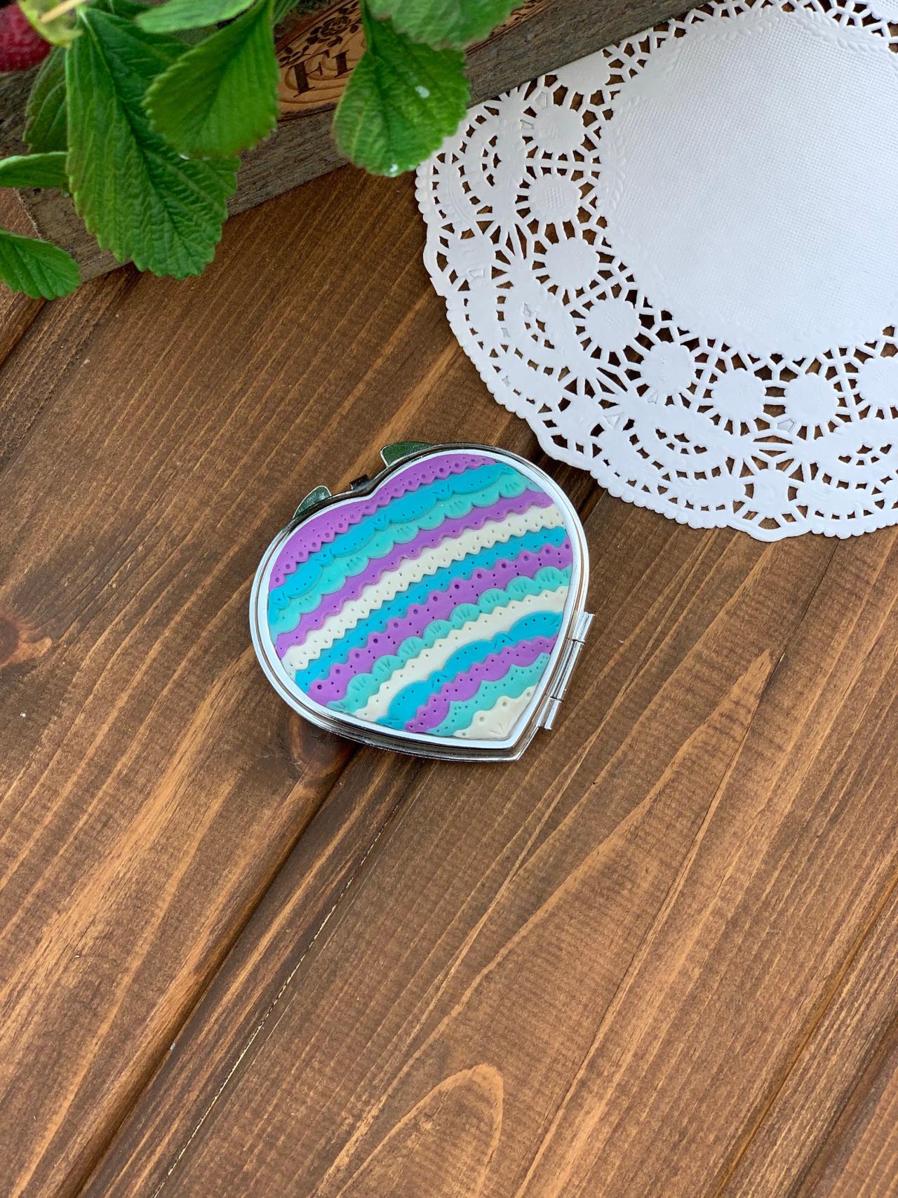 pocket mirror, decorated metal mirror, decorated lace mirror, small pocket mirror with decor, blue, mint, lilac, turquoise