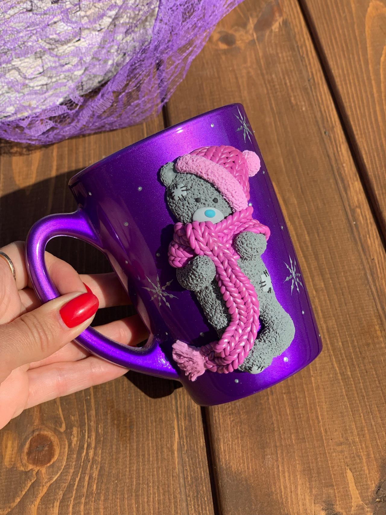 Purple glass mug with teddy bear, children porcelain tea cup, gift for girl, cute mug, cup for teddy bear, gift for baby niece, handmade mug