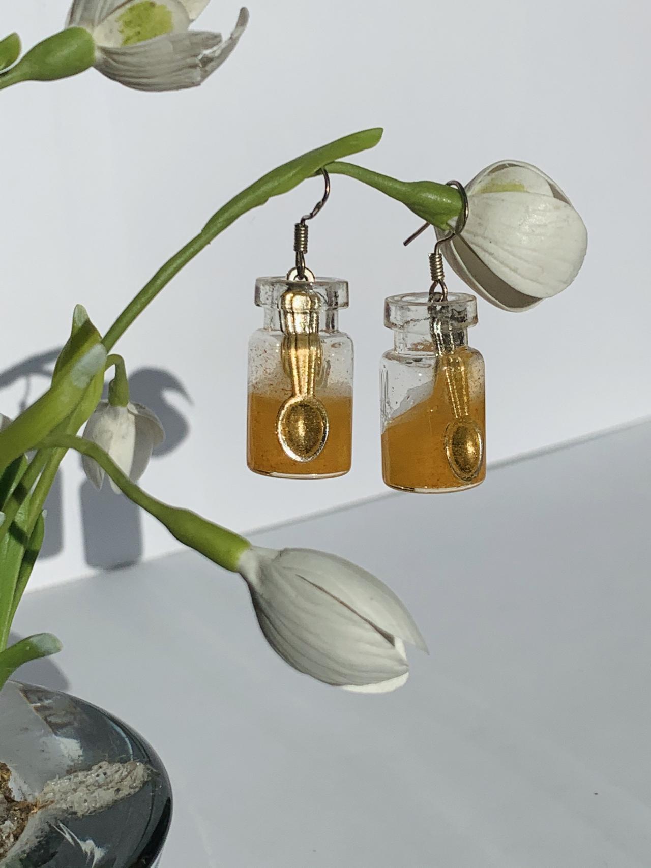 jewelry set, Yellow. miniature honey bottle, cute pendant earrings, glass bottle pendant, miniature bottle, bee earrings, bright summer
