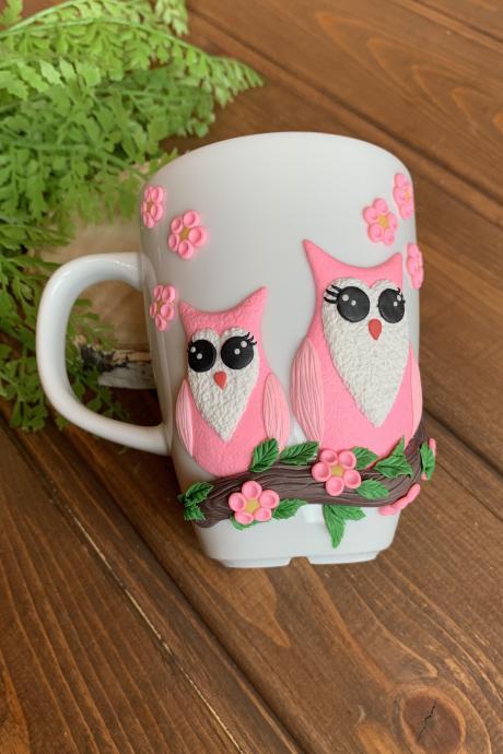 Owl Mugs, Coffee Cup Gift for Owl lover, Gifts for children, cute couple of owls, gift mug for girls, decorated cup, romantic mug gift.