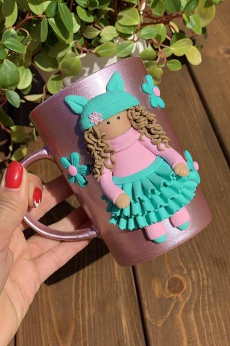 cup turner, daughter gift, britday cozy mug, pink cup with a girl, princess cup, handmade cup, niece, cup for children, cup with a doll