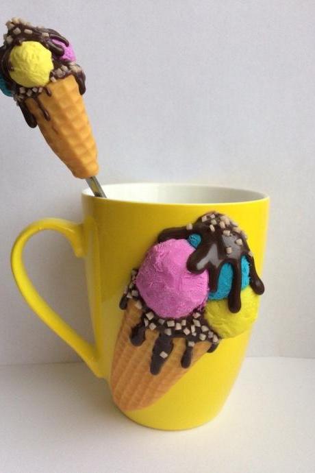 Mug spoon with a clay decor gift for girl tea latte cacao glass cup dishes handmade decorated mug sweet mug sweet ice cream yellow cup