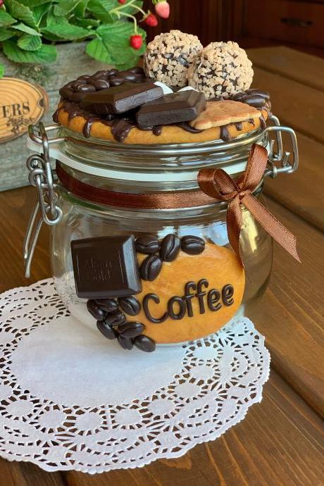 delightfully decorated glass jar for coffee, decorated jar, sweet decor of the can, decorated dishes, kitchen decor