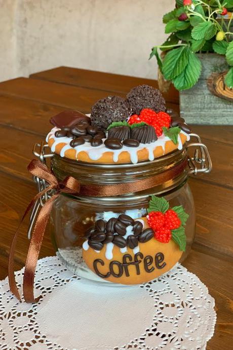 delightfully decorated glass jar for coffee, decorated jar, sweet decor of the can, decorated dishes, kitchen decor