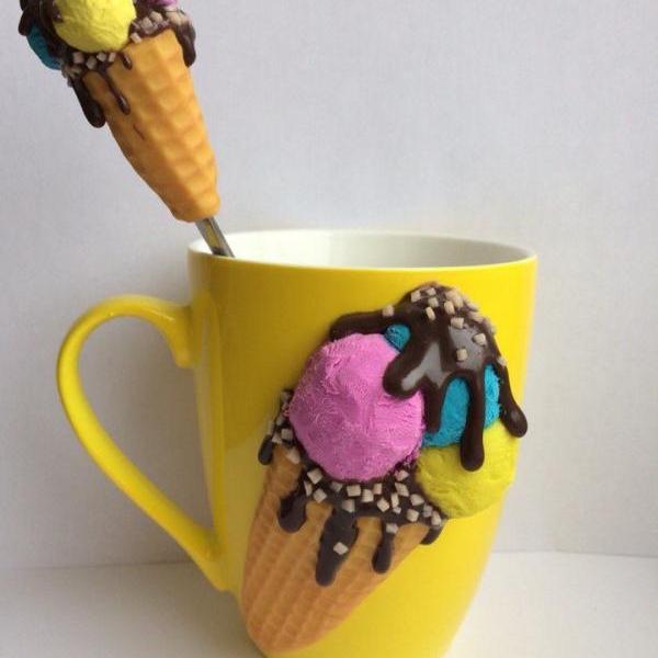 Mug spoon with a clay decor gift for girl tea latte cacao glass cup dishes handmade decorated mug sweet mug sweet ice cream yellow cup